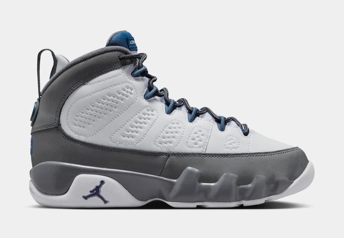 Air Jordan 9 Retro Flint Grey and French Blue Grade School Lifestyle Shoes (White/French Blue/Flint Grey)