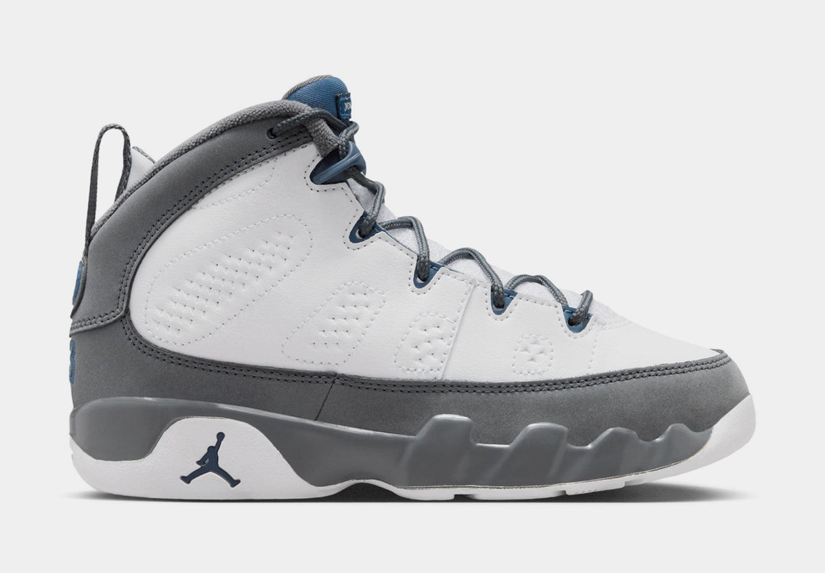 Air Jordan 9 Retro Flint Grey and French Blue Preschool Lifestyle Shoes (White/French Blue/Flint Grey)