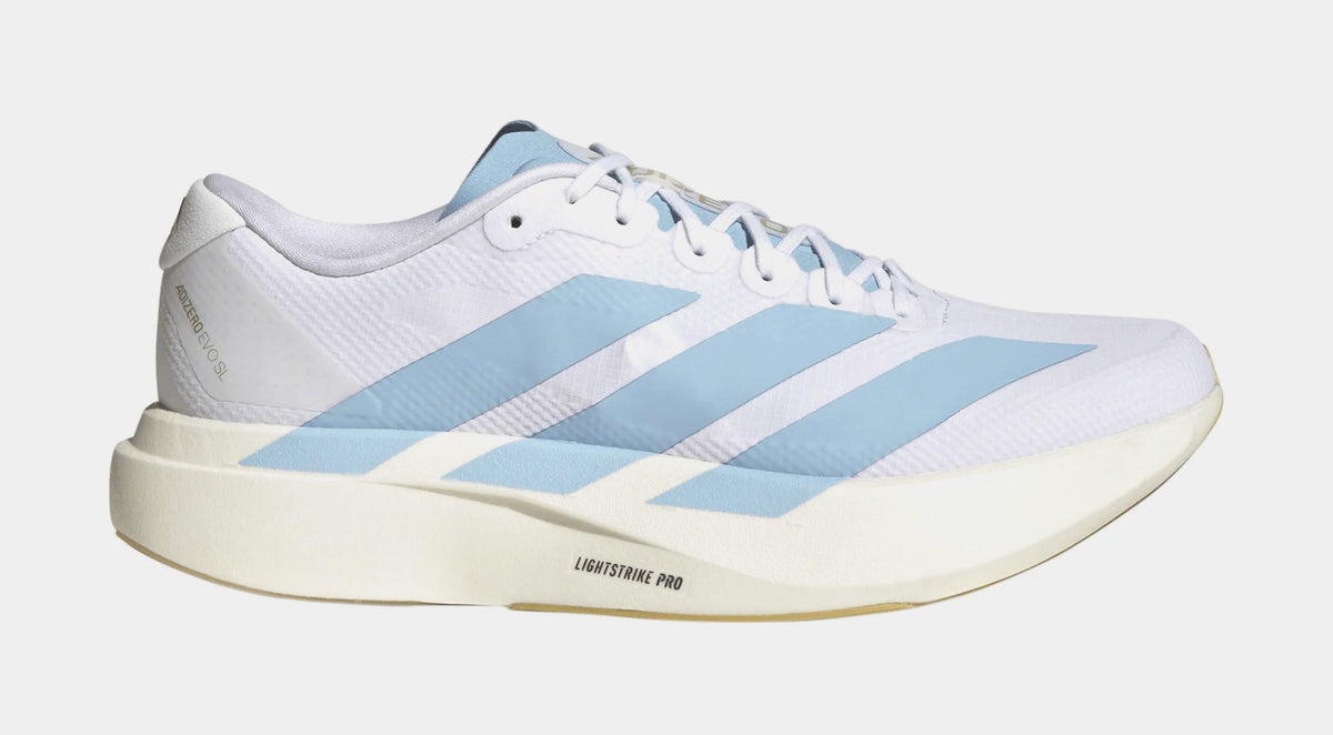 Adizero Evo SL Woven Mens Running Shoes (Cloud White/Clear Blue/Matte Gold)