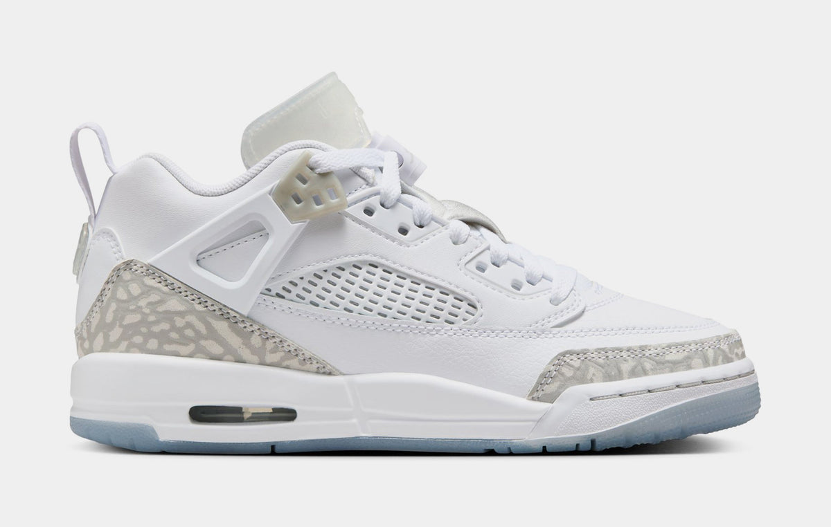 Spizike Low Grade School Basketball Shoes (White/Metallic Silver/Barely Blue/Neutral Grey)